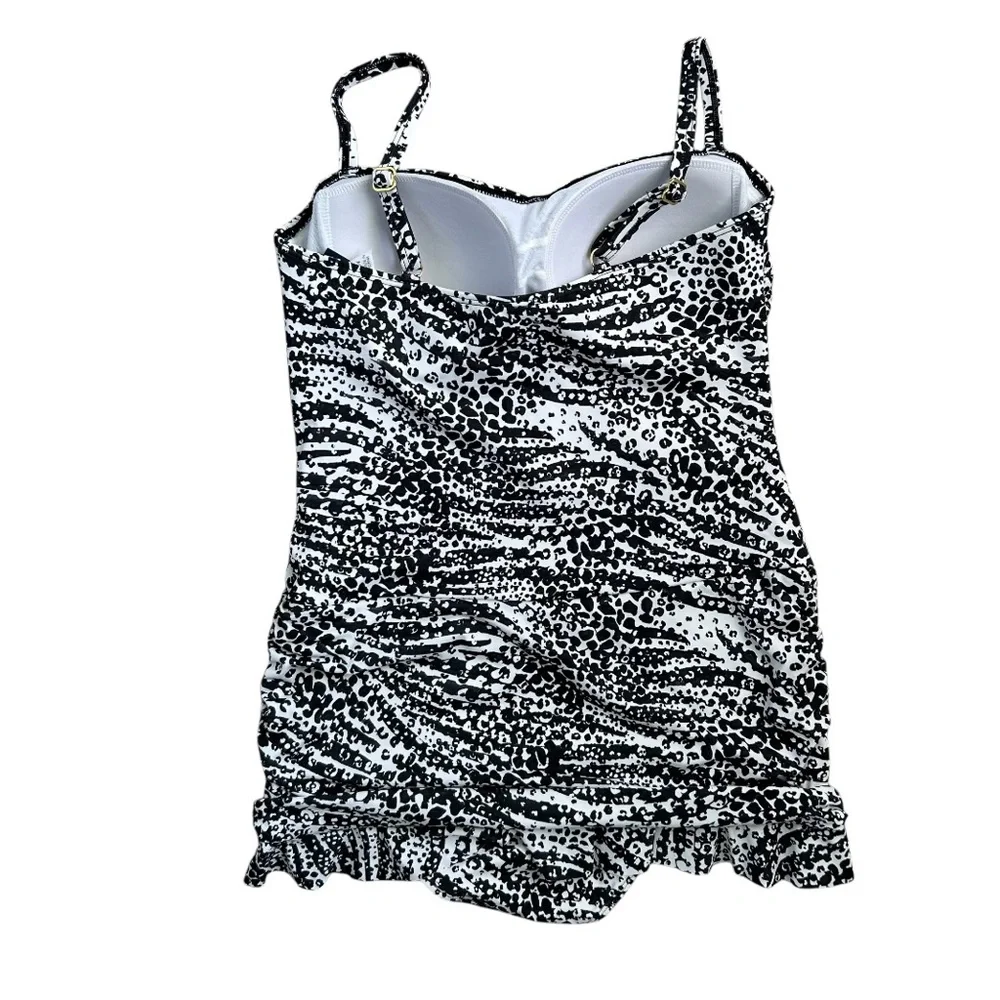 KIM GRAVEL Women’s Skirted 1- Pc. Swimsuit‎ Blk/Wt Leopard Print Ruching Bra 14